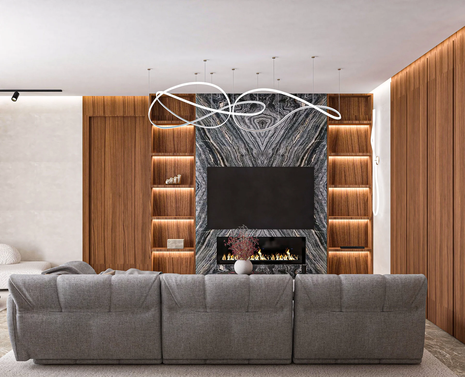 Randare 3D living cu perete de marmură și șemineu, penthouse