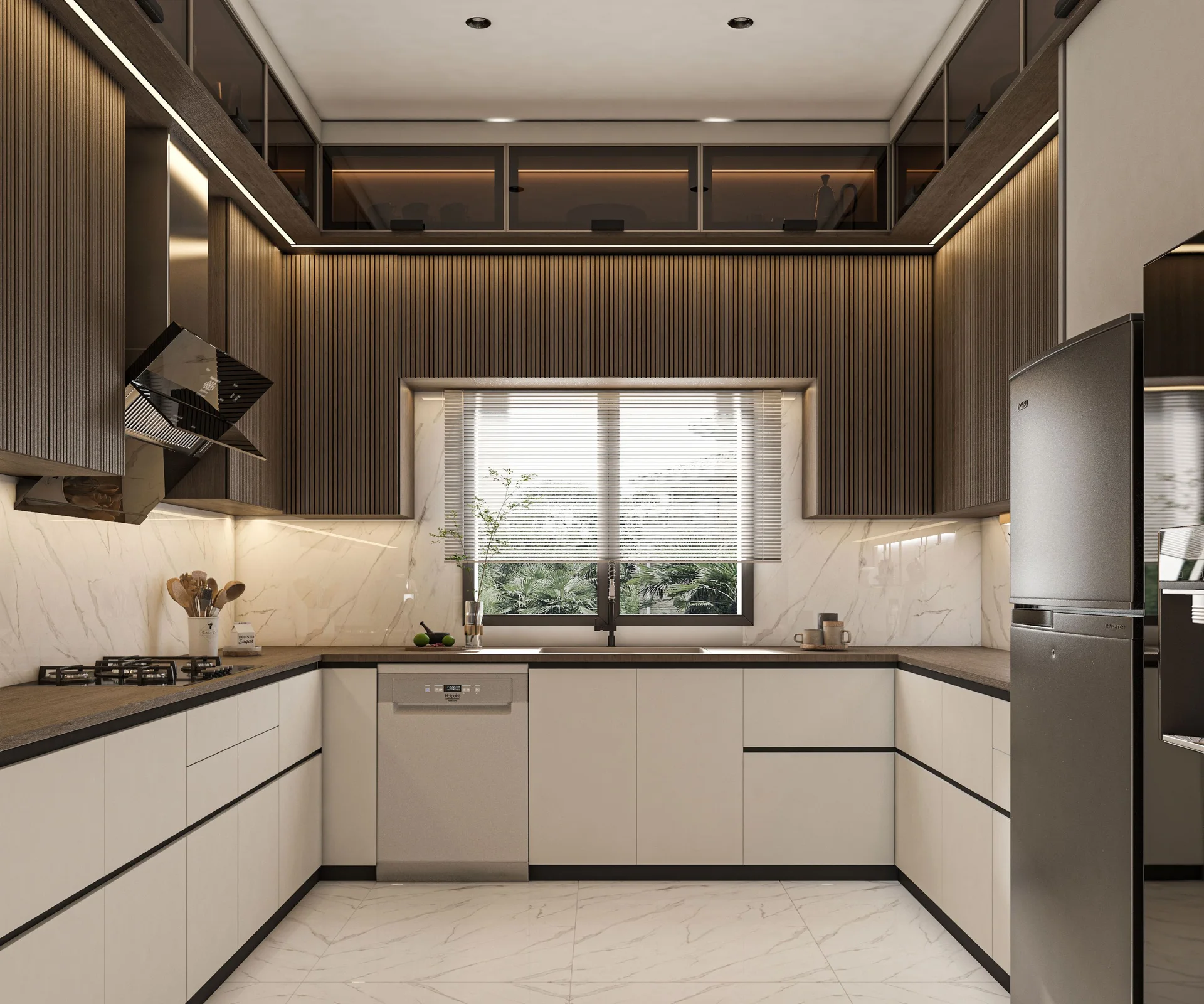 3D U-shaped kitchen visualization with marble worktop
