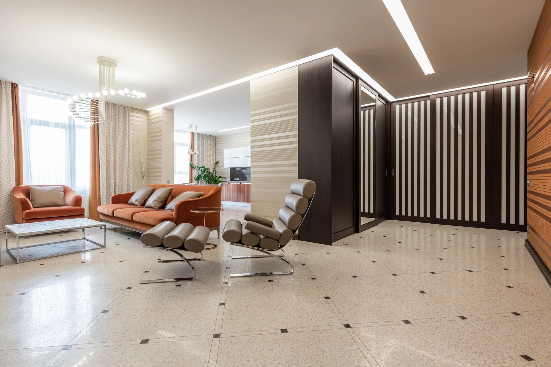 3D render of a spacious living room with terrazzo floor