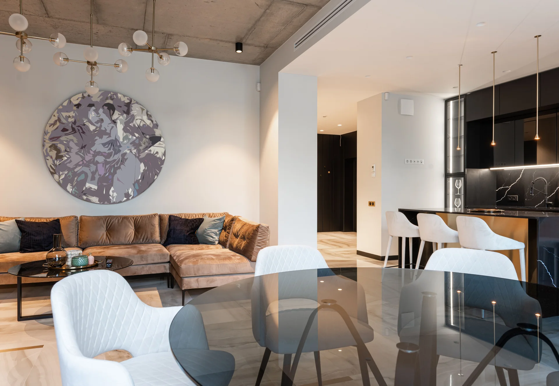 Randare 3D living-dining cu artă circulară