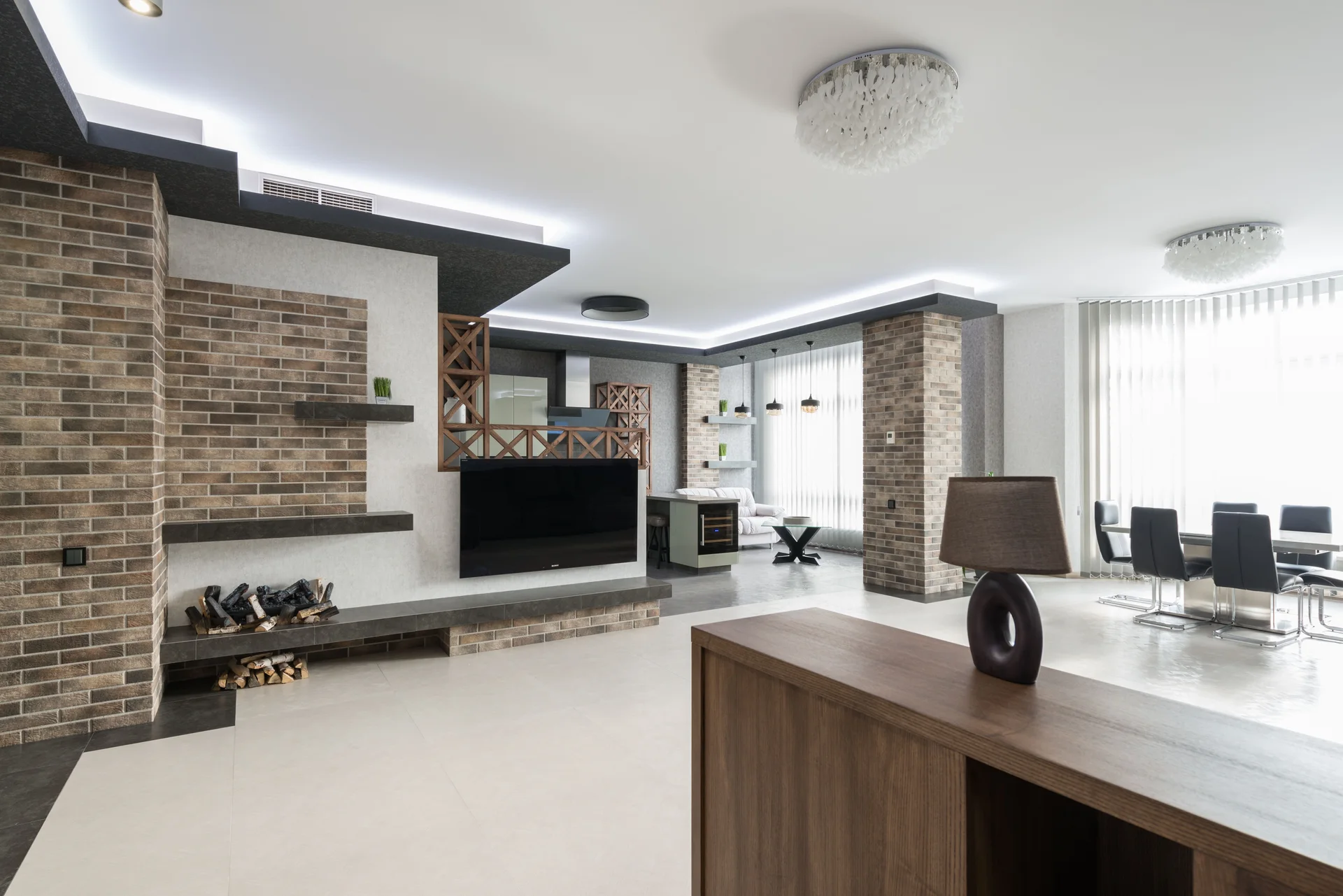 3D loft render, open-plan space with brick wall