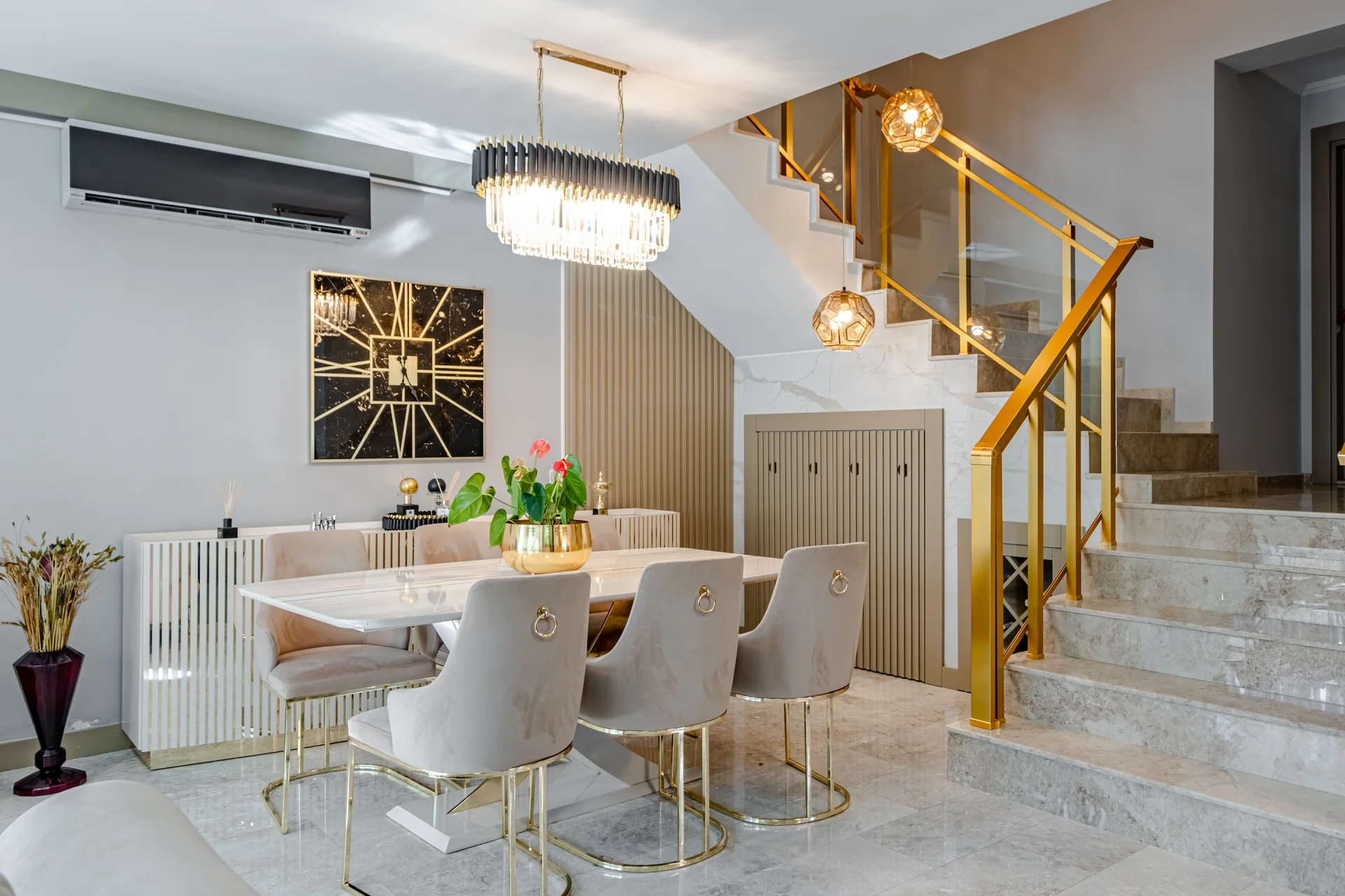 3D dining render with brass-clad staircase