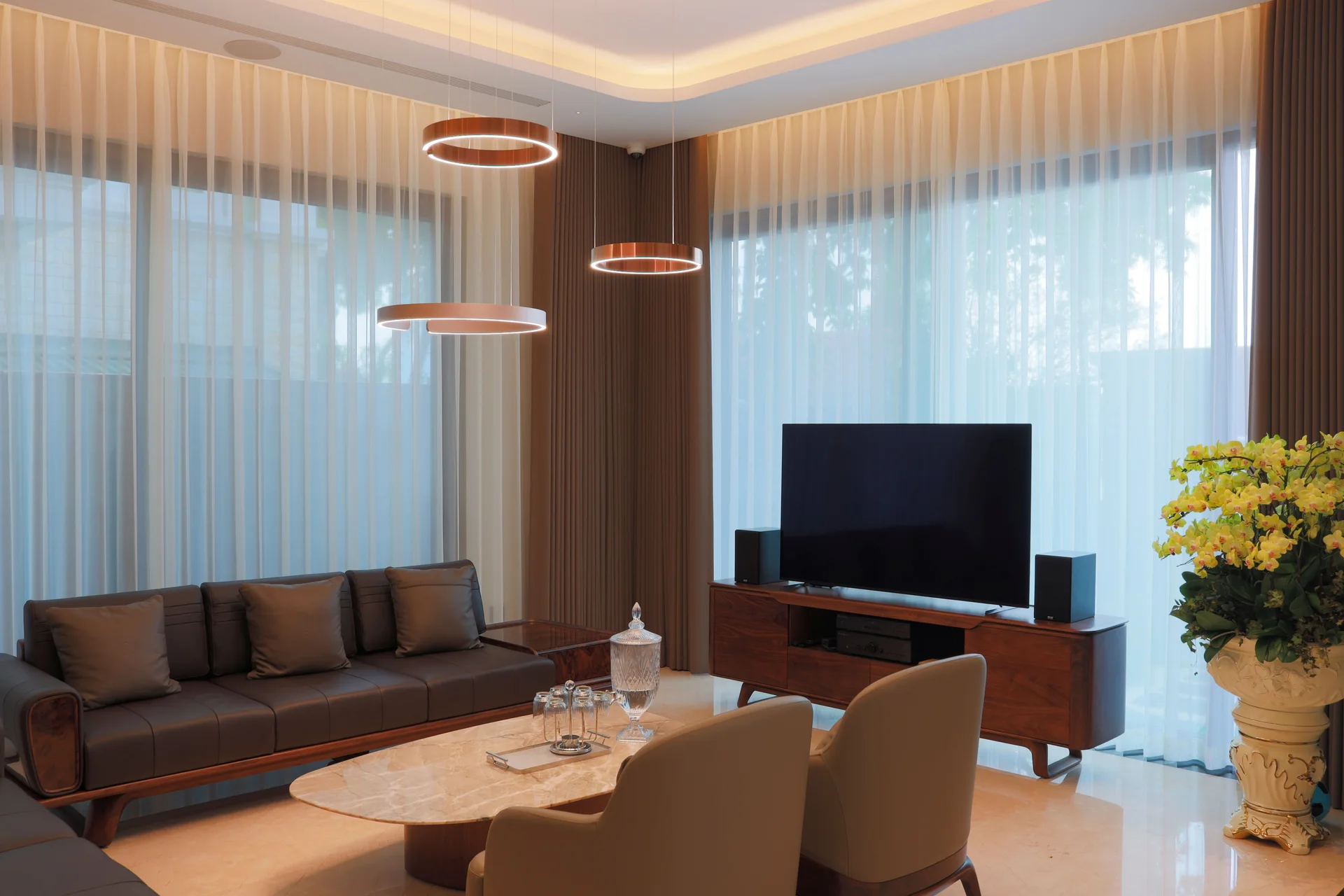 3D render of a villa living room with ring lighting