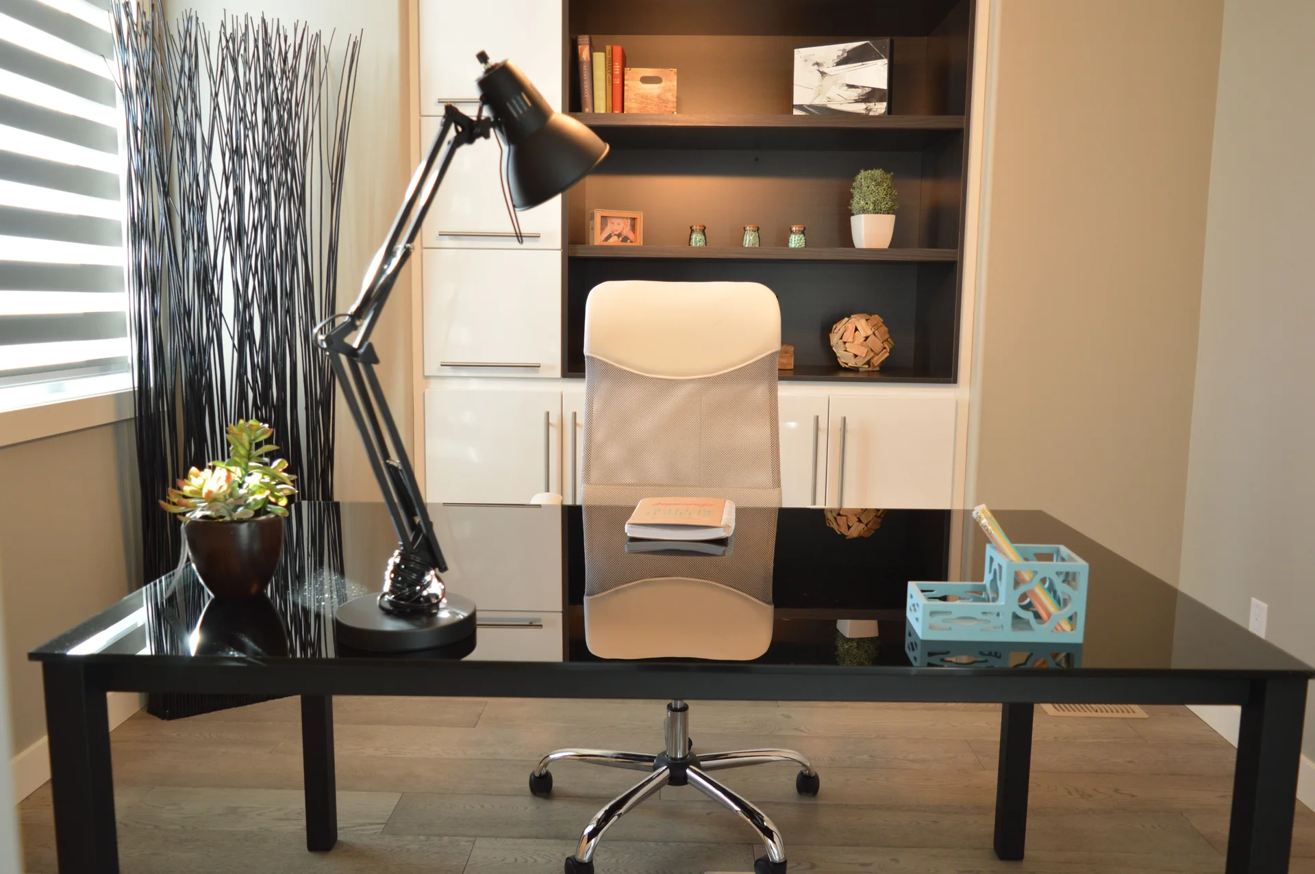 3D home office render with glass desk