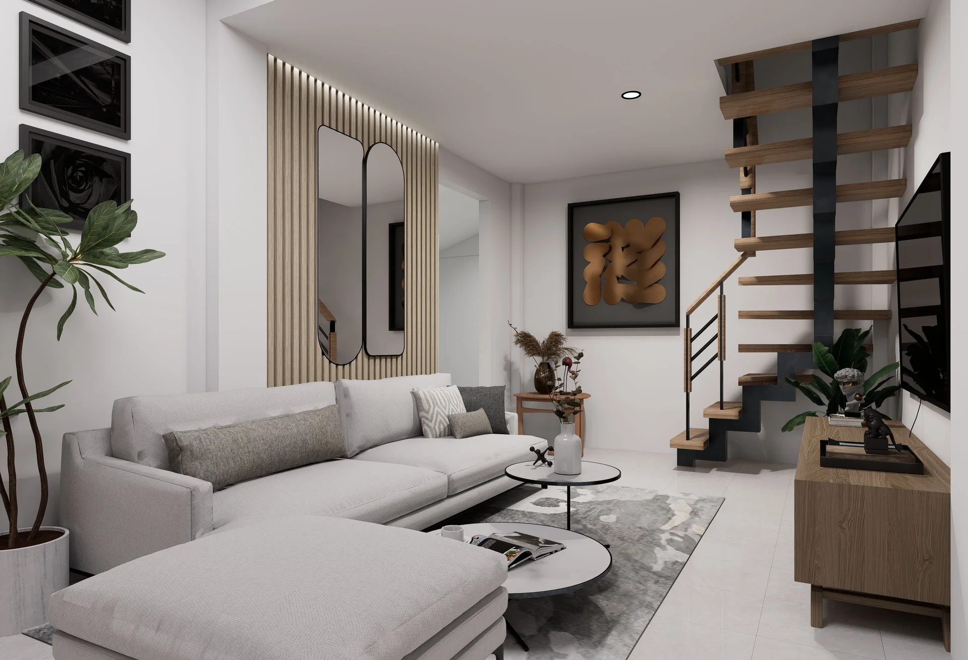 3D compact living render with mirror wall and spiral stair