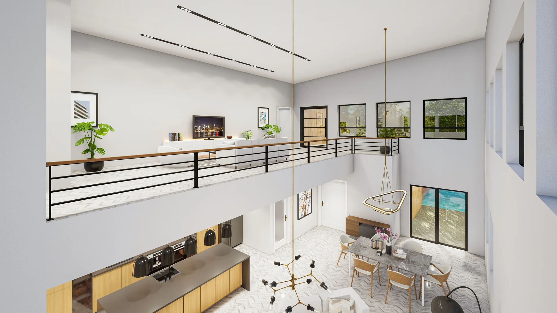3D double-height space render with mezzanine