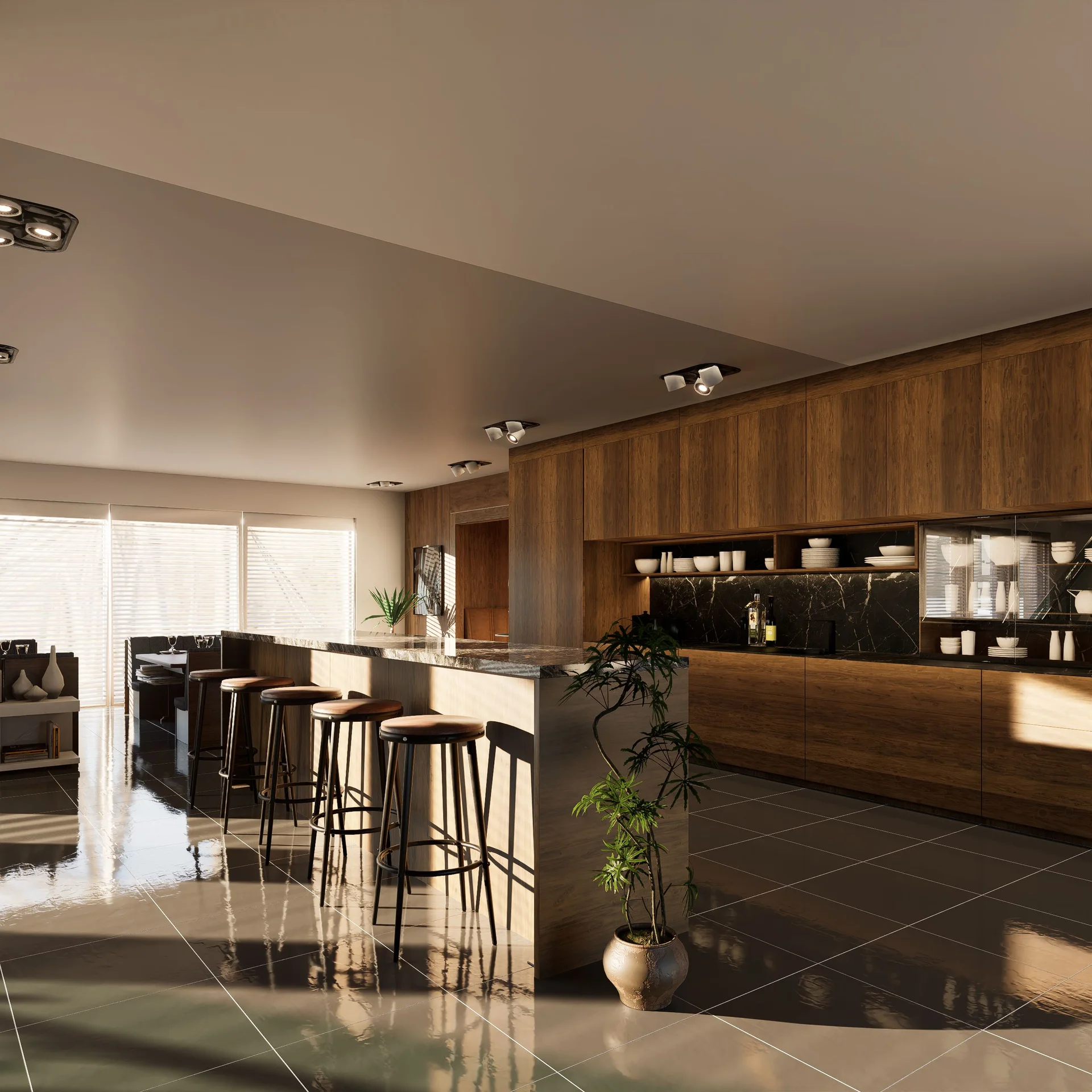 3D open kitchen render in wood with natural light